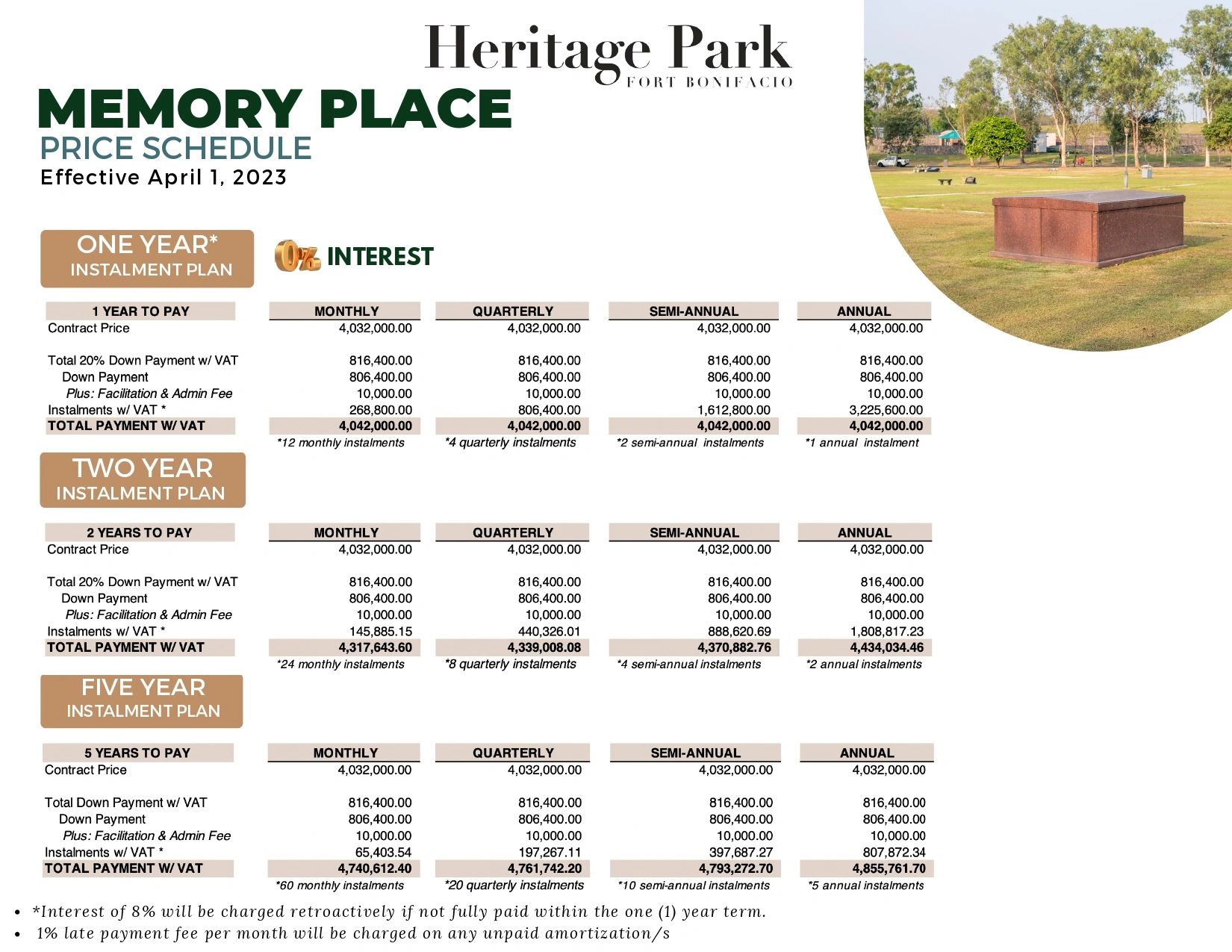 Heritage Park Memory Place Memorial Lots: price list