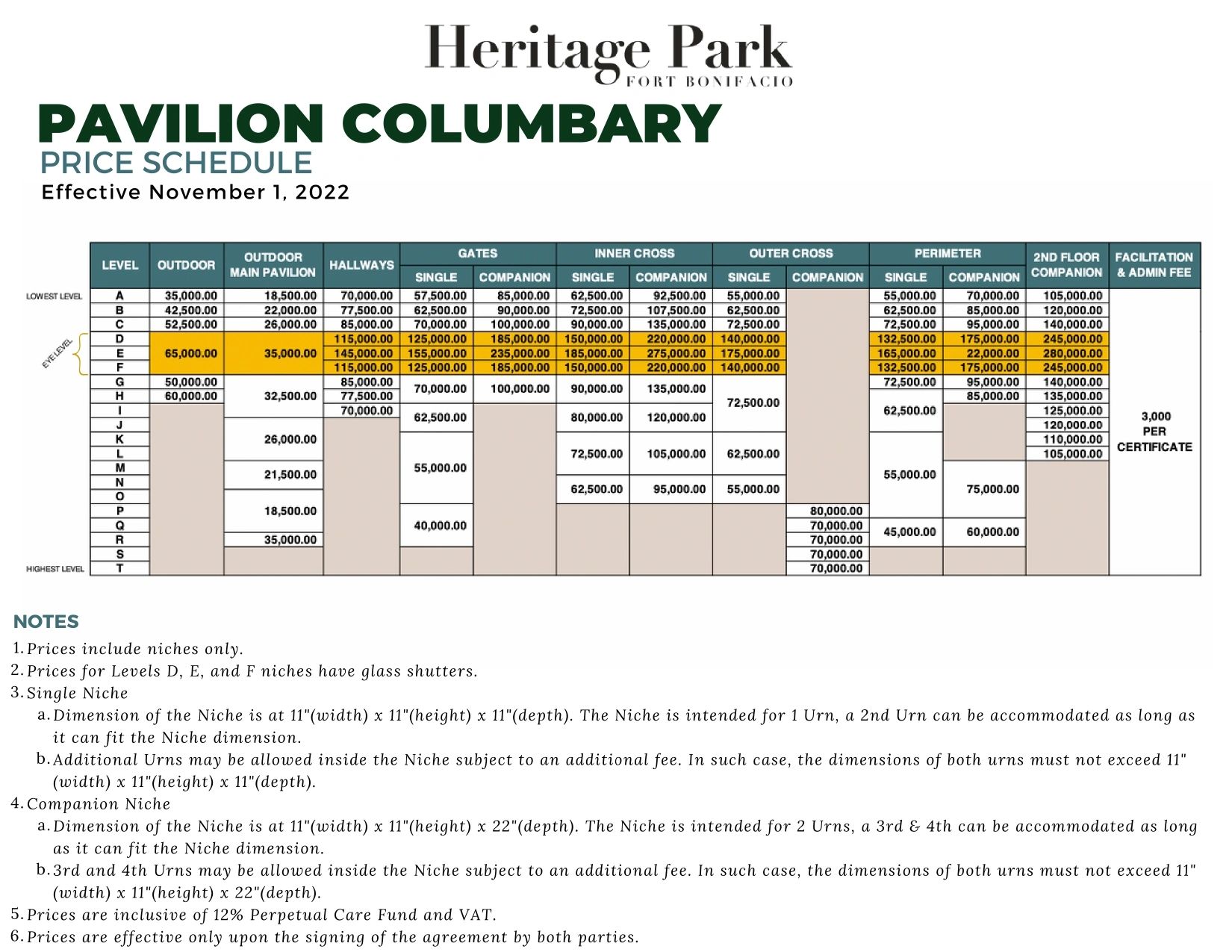 Heritage Park Pavilion Columbary price list