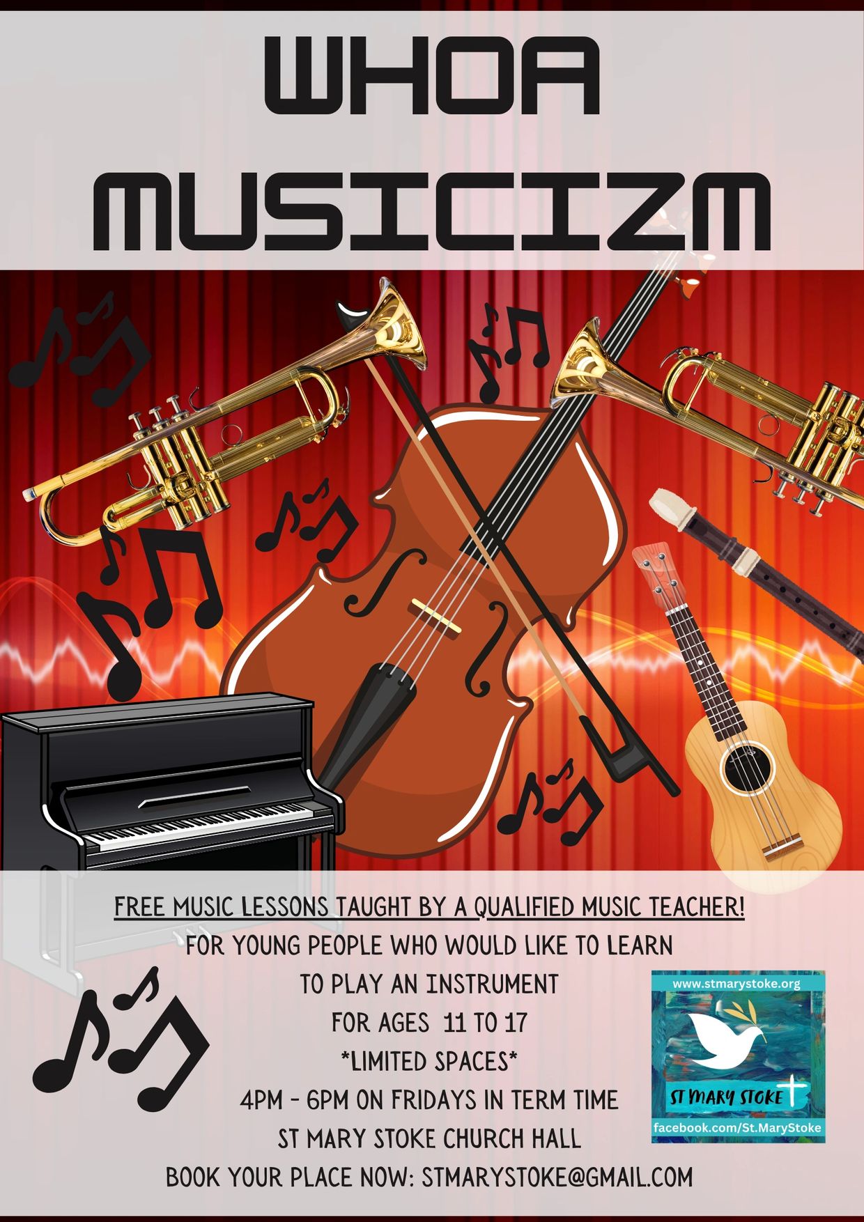 Flyer for free music lessons for young people aged 11 to 17 at St Mary Stoke Church Hall.