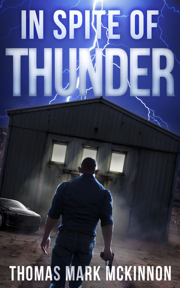 Man with a gun approaches a mysterious building during a thunderstorm.