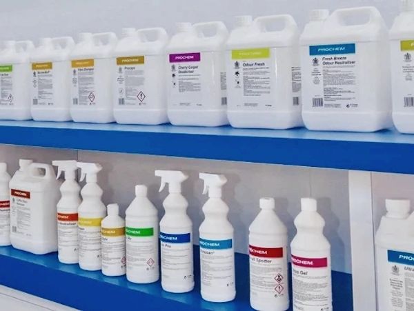 Professional carpet cleaning products are stored on the shelf in the office in Fulham.