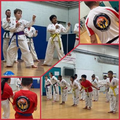 Children aged 6 to 10 taking part in taekwondo clss. bowing and showing respect to instructor 