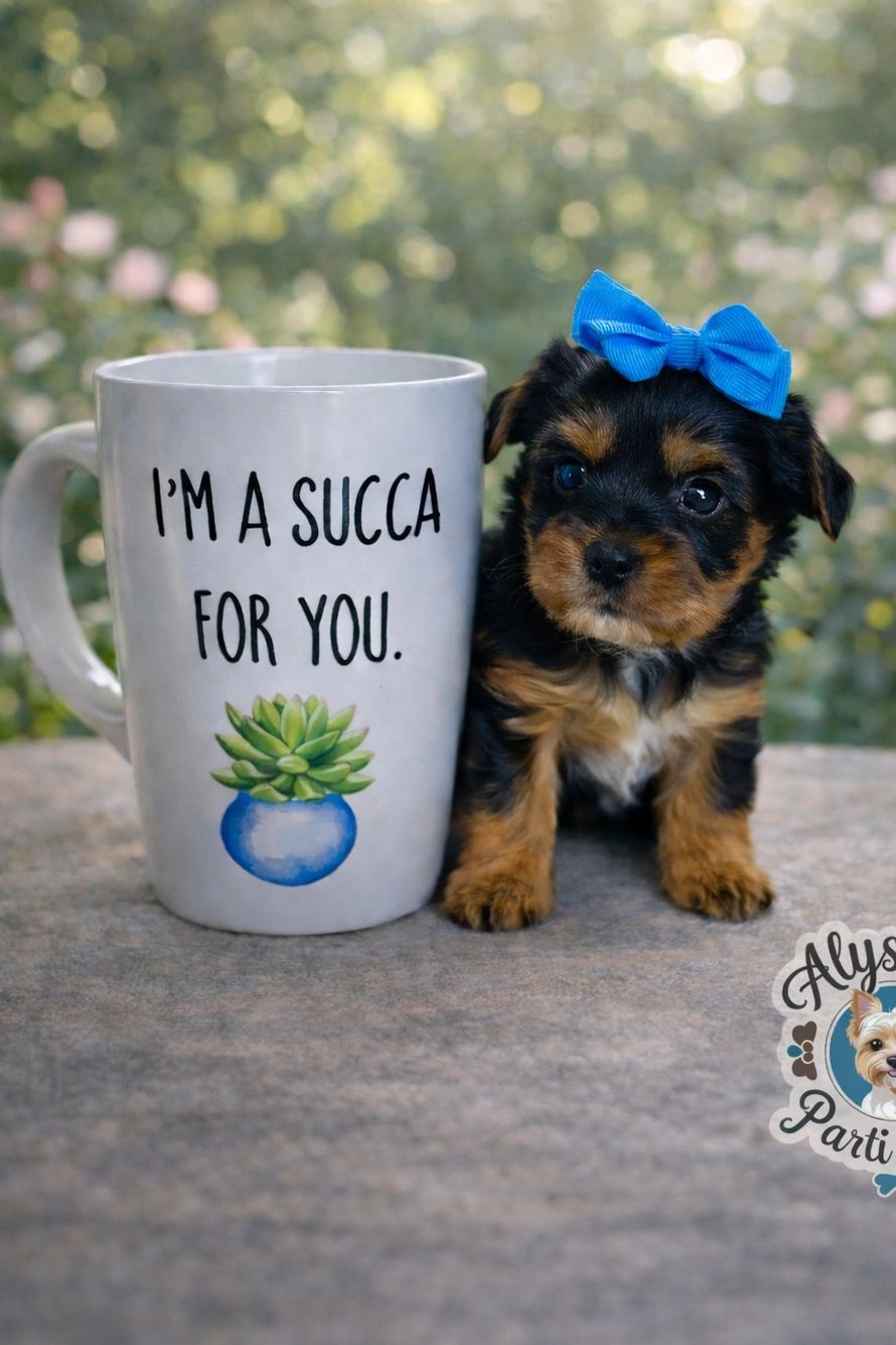 Cute puppy with a blue bow next to a mug with a funny message.