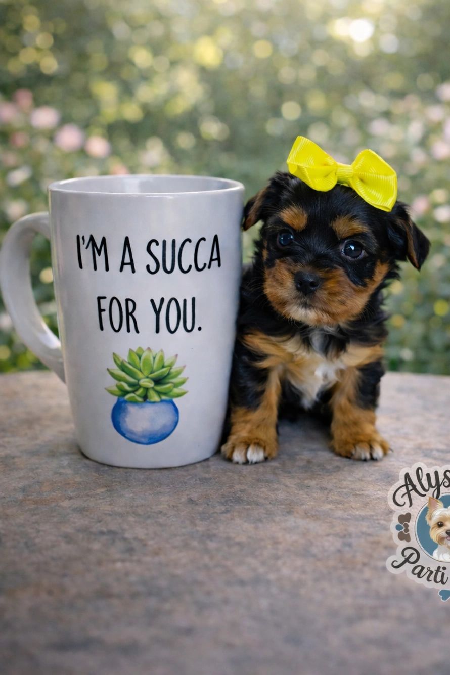 Tiny puppy with yellow bow beside a mug saying "I'm a succa for you."