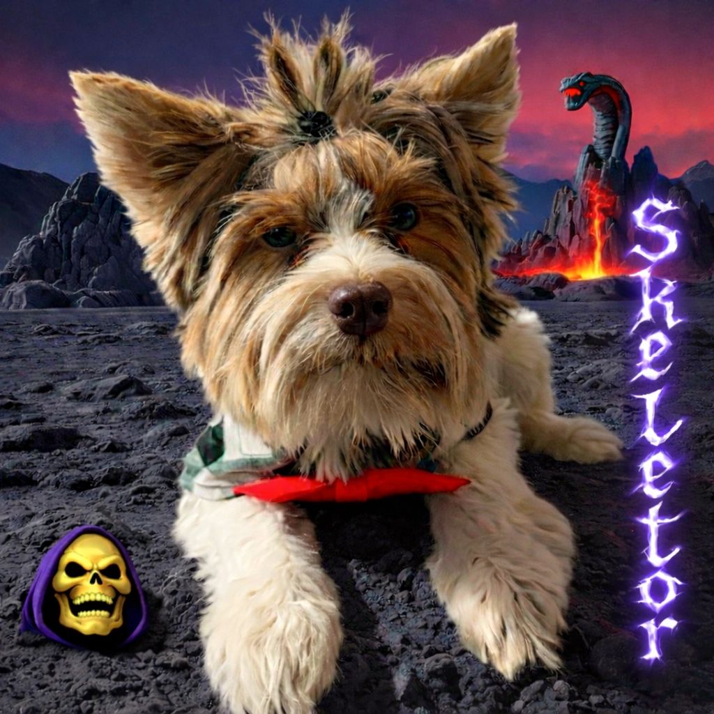 Dog with a top knot in a fantasy volcanic landscape.
