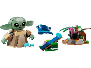 LEGO Baby Yoda with accessories including a small blue fish and cooking setup.
