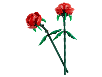 Two red roses made from LEGO bricks with green stems and leaves.