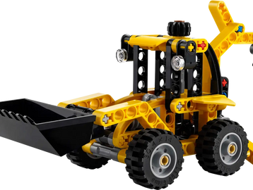 A yellow and black toy bulldozer made from building blocks.