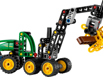 A toy crane truck made of colorful plastic building blocks.