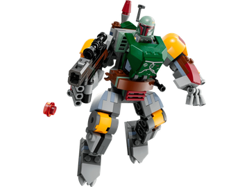 Lego Boba Fett mech with detailed armor and weapon, mid-action pose.