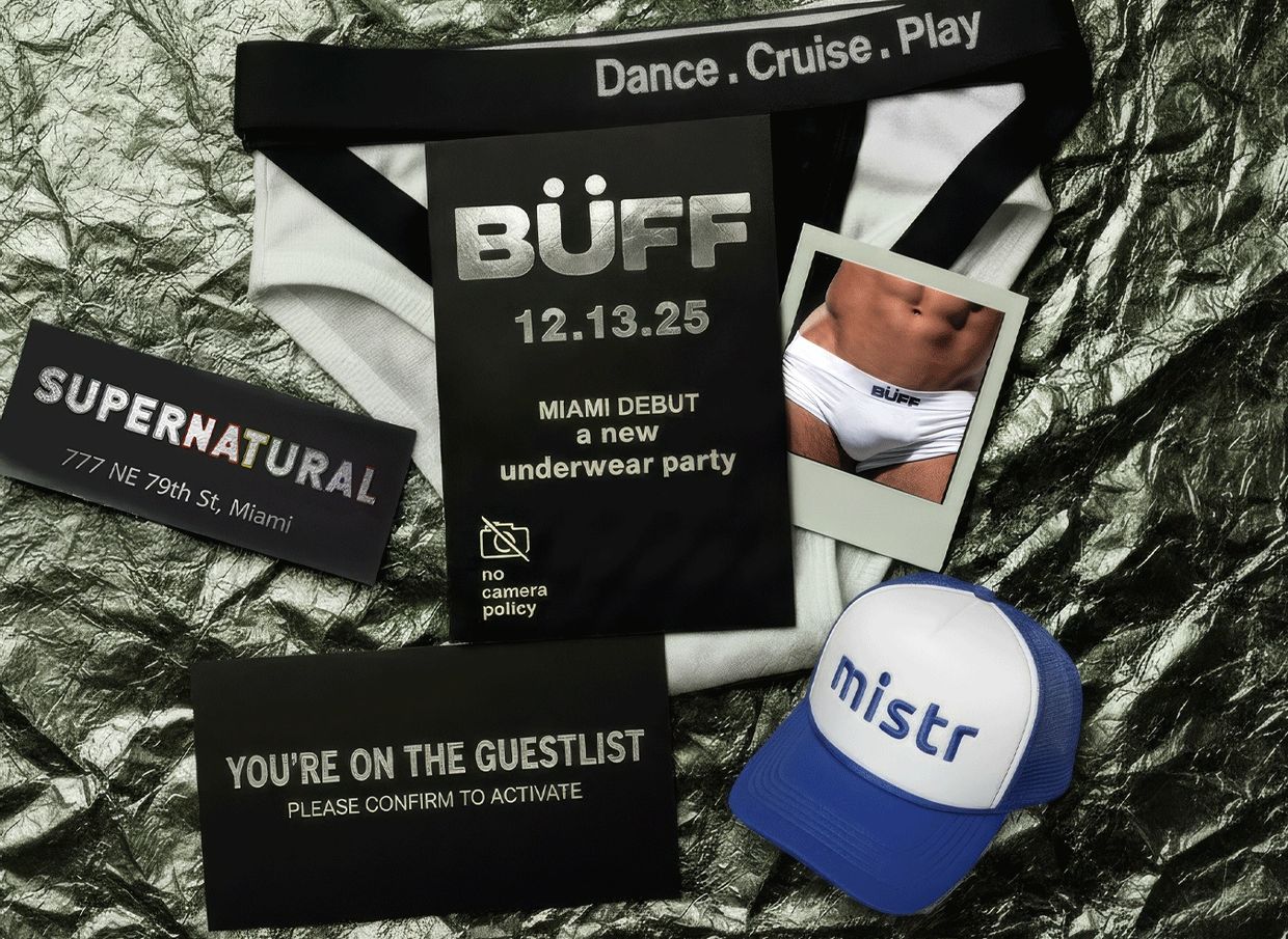 Flyer and items promoting BUFF underwear party in Miami at Supernatural club.