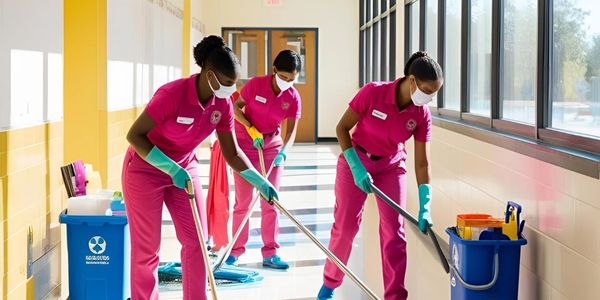 Mujeres haciendo limpieza en los pasillos de un colegio  trapenado y barriendo