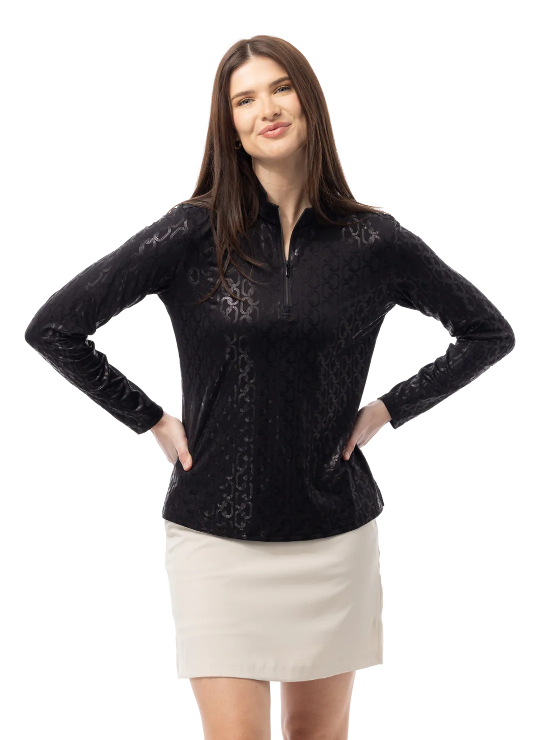 SanSoleil Long Sleeve FOIL PRINT MOCK. BLOCK CHAIN. BLACK.