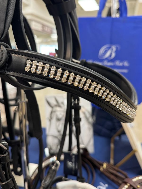 Bridleberry Leather Tack & Co Delicate Pearl & Crystal Browband in Black Leather - Image 2