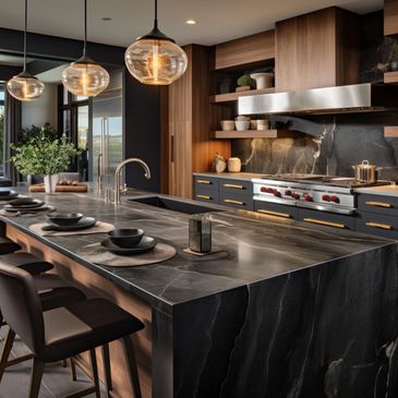 kitchen with black stone countertops and brass accents