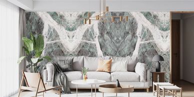 Patagonia green quartzite accent wall in living room.