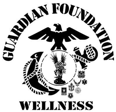 Black and white emblem for Guardian Foundation Wellness with eagle, anchor, and military symbols.