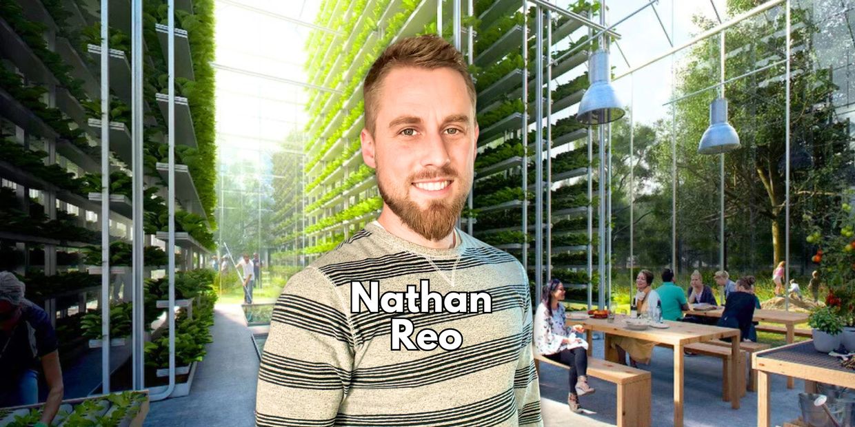RevolutionTV creator Nathan Reo with hydroponic plant towers