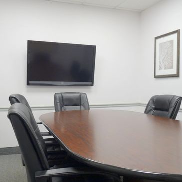 A Miami Court Reporter conference rooms with a television, plant, and chairs at Ives Dairy Road.