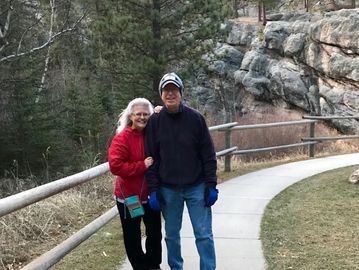 Sam and Linda, hiking at Horsethief Lake, near Mt. Rushmore and Hill City, Chokecherry BnB.