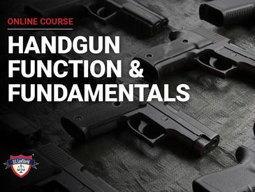 Online course on handgun function and fundamentals with handguns displayed.