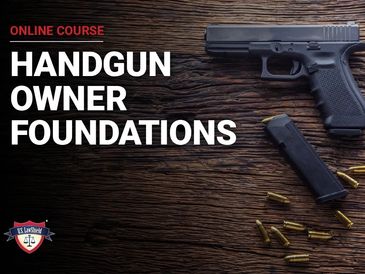 Online course advertisement for handgun owner foundations with a handgun and bullets on a wooden surface.
