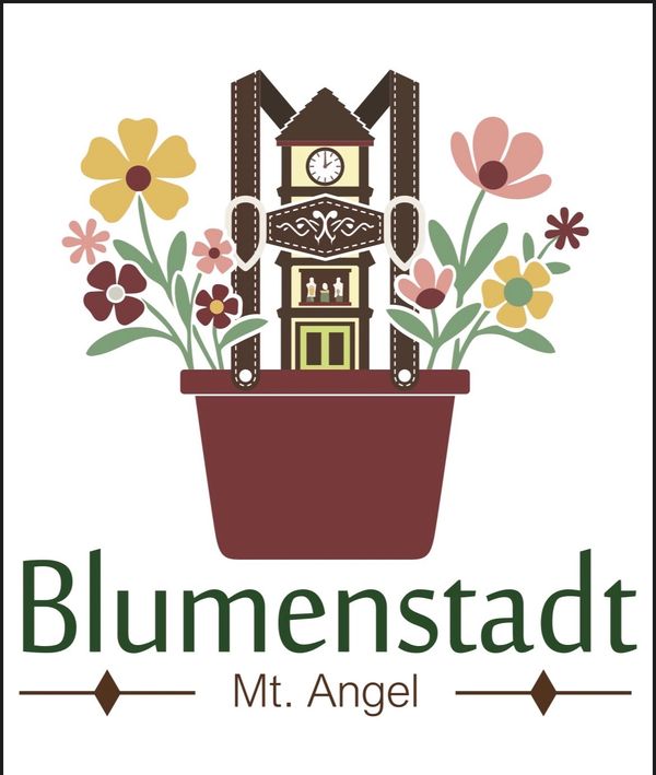Logo of Blumenstadt Mt. Angel, featuring flowers and a clock tower.