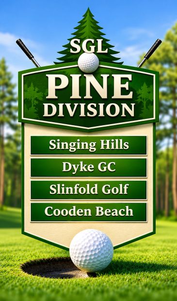 Golf division sign for Pine Division with golf clubs and ball.