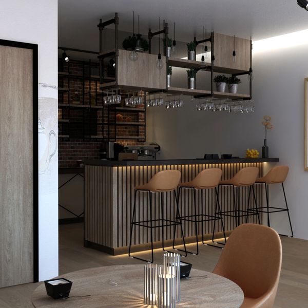 Modern kitchen bar with wooden stools and hanging glass rack.