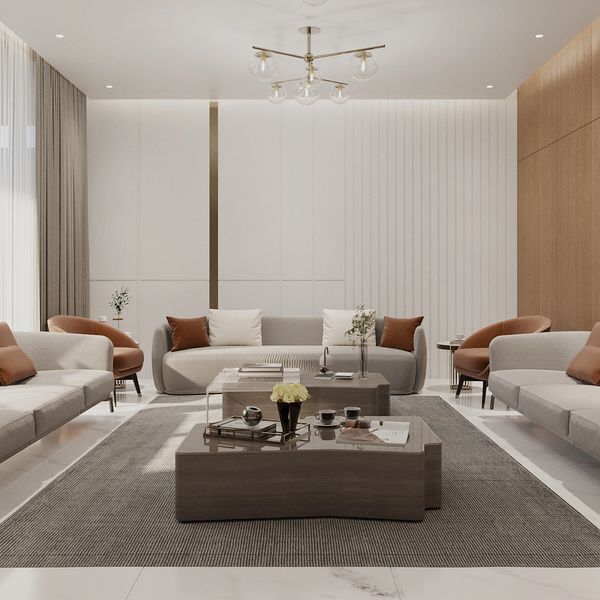 Modern living room with neutral tones and minimalist design.