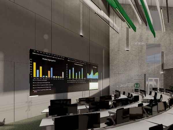 NCEC Jeddah Control Room design — 24/7 government control room with cementitious design language