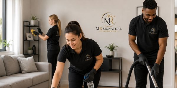 Professional cleaning team tidying a living room with smiles.