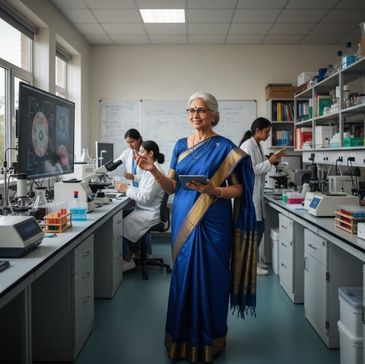 Senior female scientist leading research in a modern lab with colleagues working.