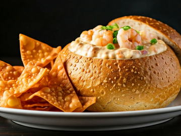 CRAWFISH DIP IN A HOLLOWED BOULE BREAD LOAF WITH FRIED WONTON CHIPS ON A WHITE PLATTER