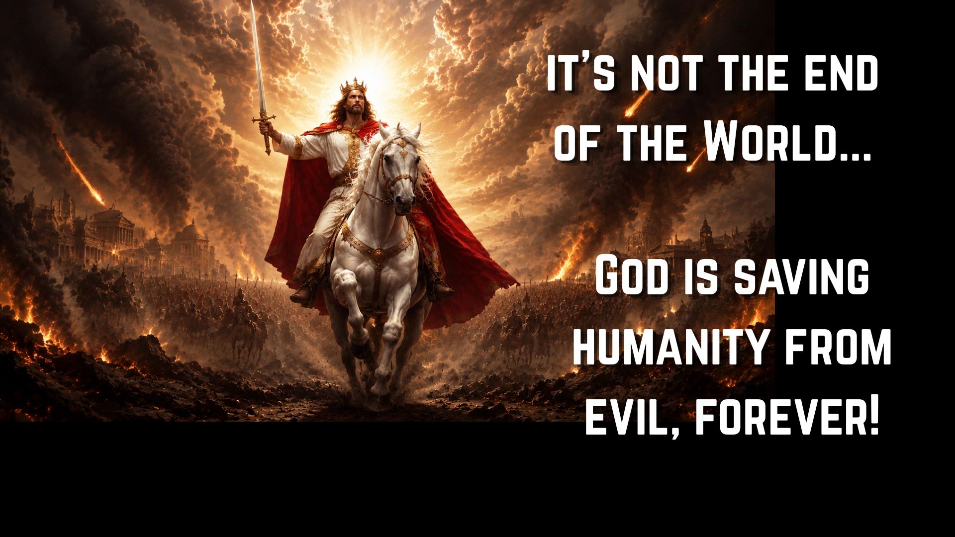 A king on a white horse with a sword, surrounded by fire and chaos.