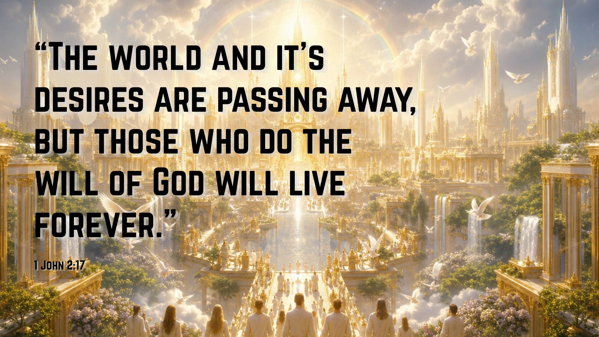 Heavenly city with a biblical quote from 1 John 2:17.