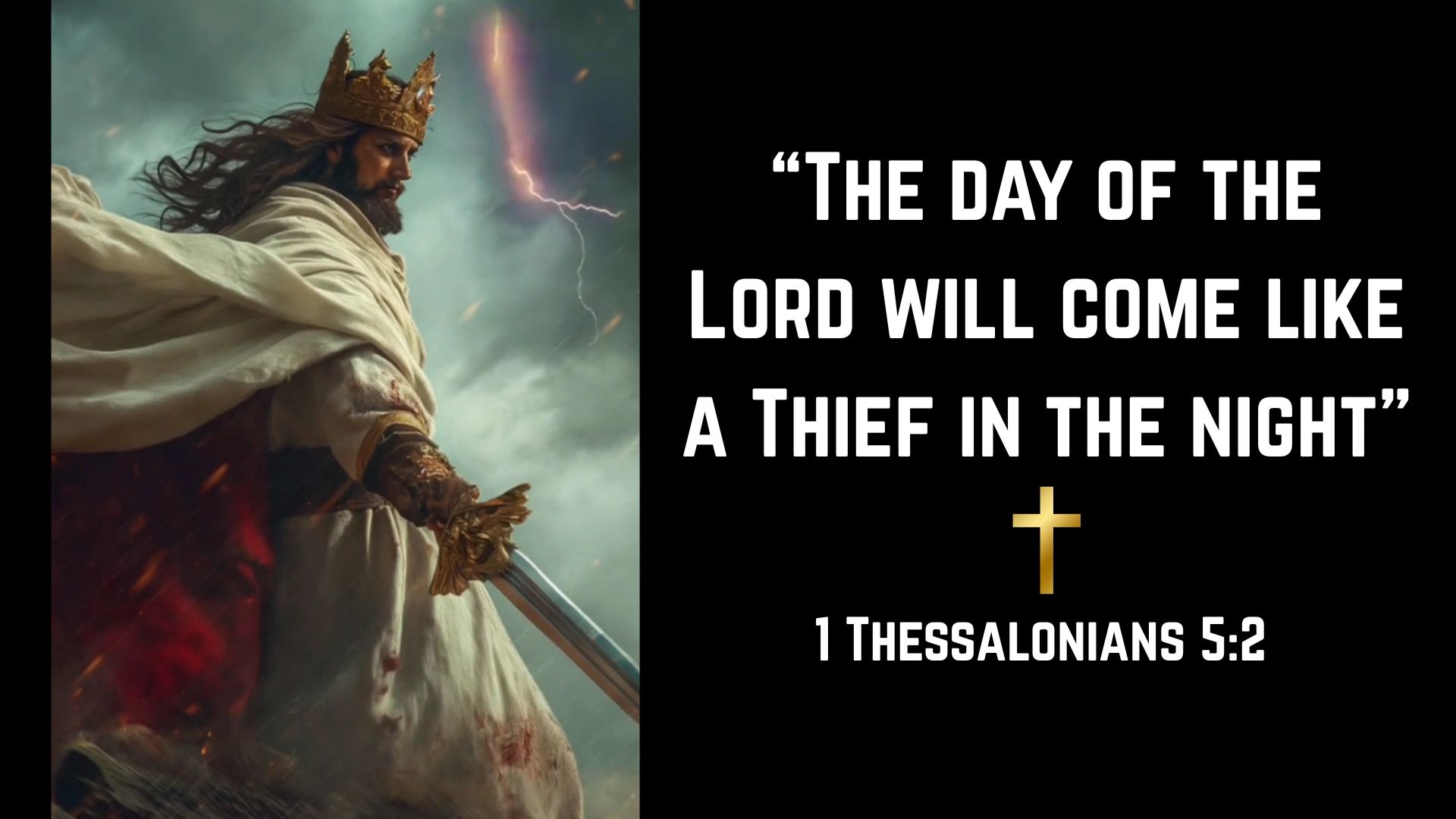 A crowned king holds a sword with a Bible verse about the Lord's coming.