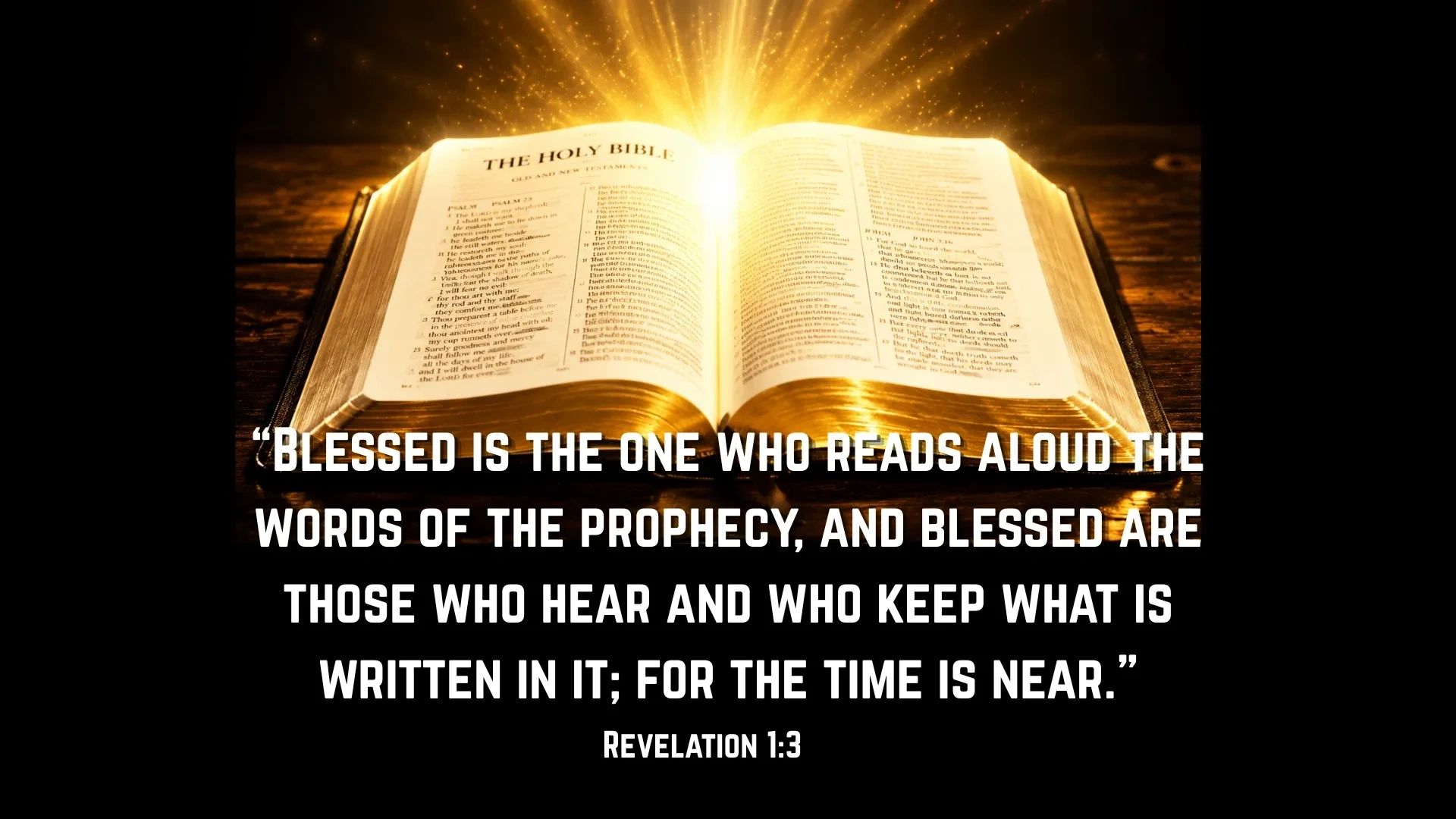 Open Bible glowing with a verse from Revelation 1:3.