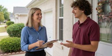 A woman with a clipboard talks to a young man outside a house.