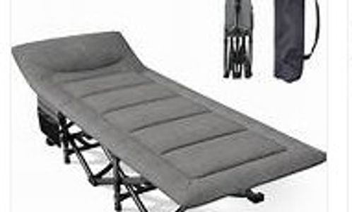 Foldable camping bed with carrying bag and frame.