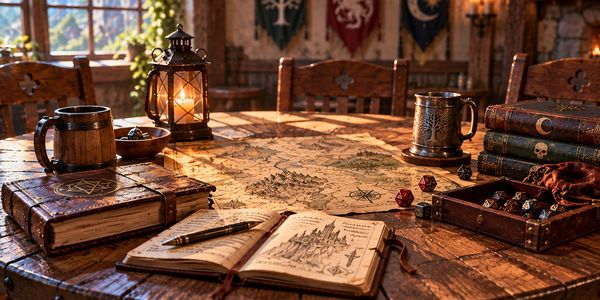 A cozy fantasy tavern table set for a tabletop roleplaying game, featuring a table top rpg items.