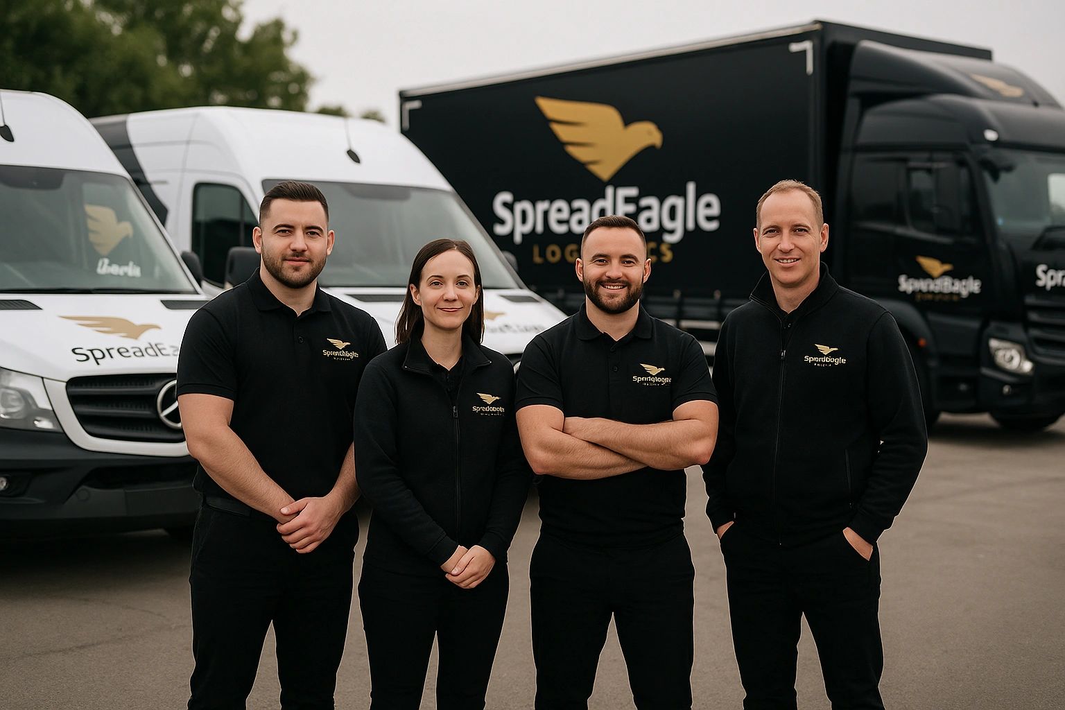 Team in front of trucks and vans