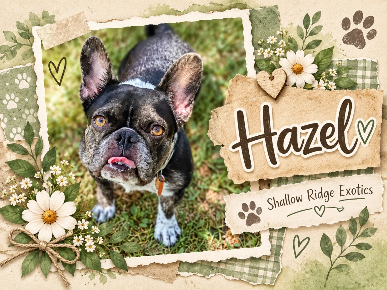 French Bulldog named Hazel with decorative floral background.