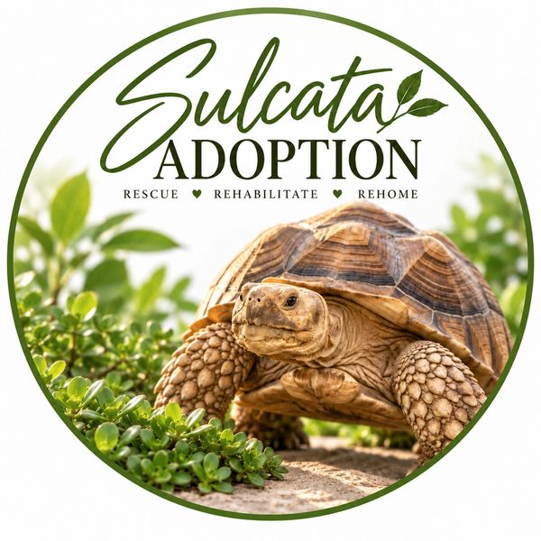 Sulcata tortoise adoption logo with rescue message.