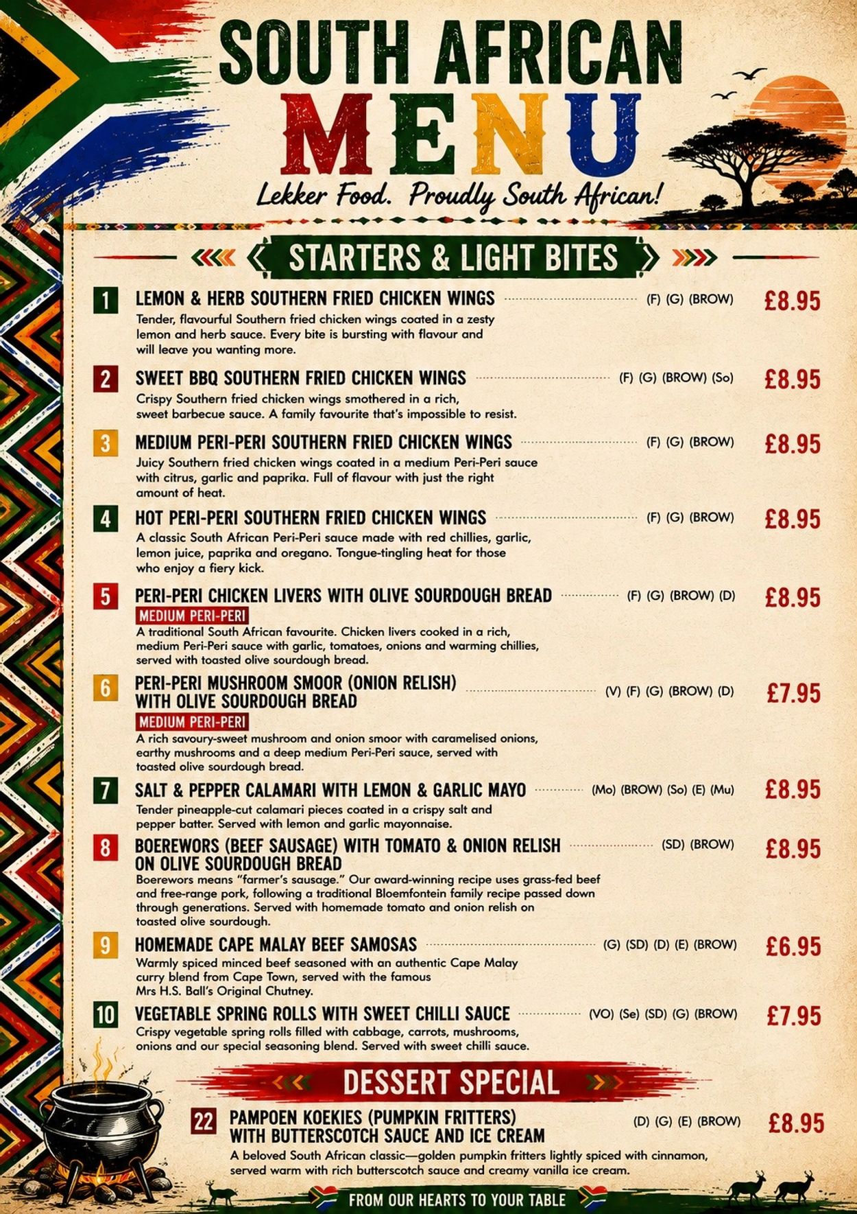 South African menu with starters and dessert special.