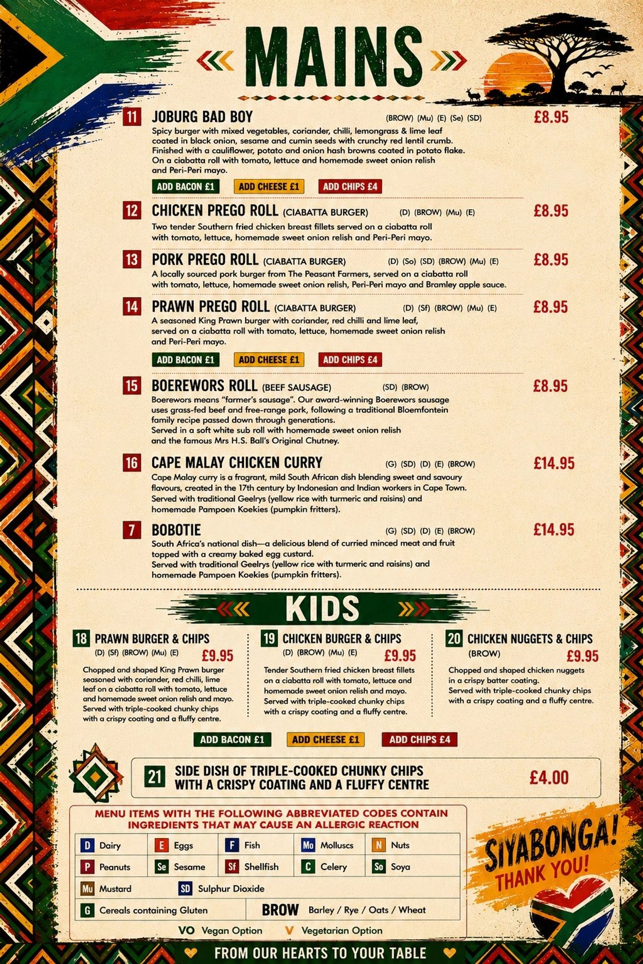 South African restaurant mains and kids menu with dishes like Joburg Bad Boy and Cape Malay Chicken Curry.
