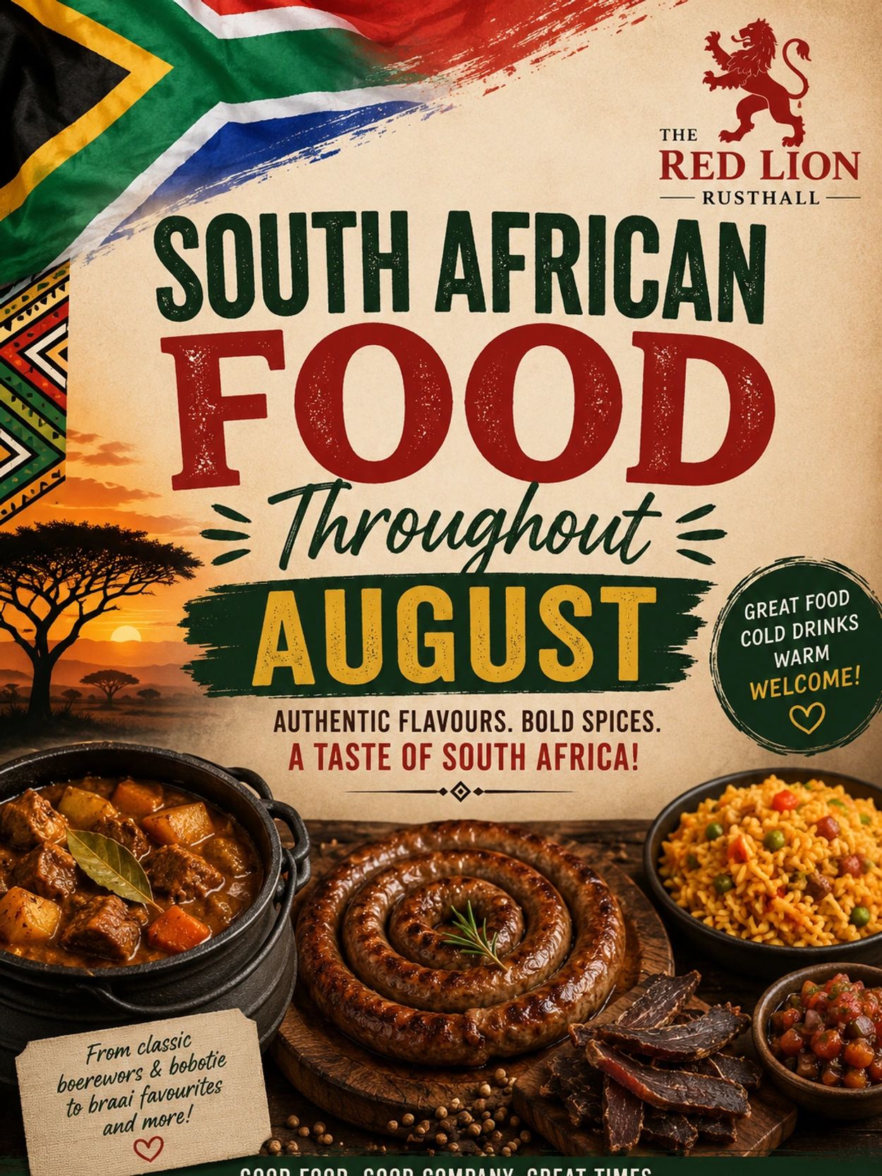 South African food event in August at The Red Lion Rusthall.