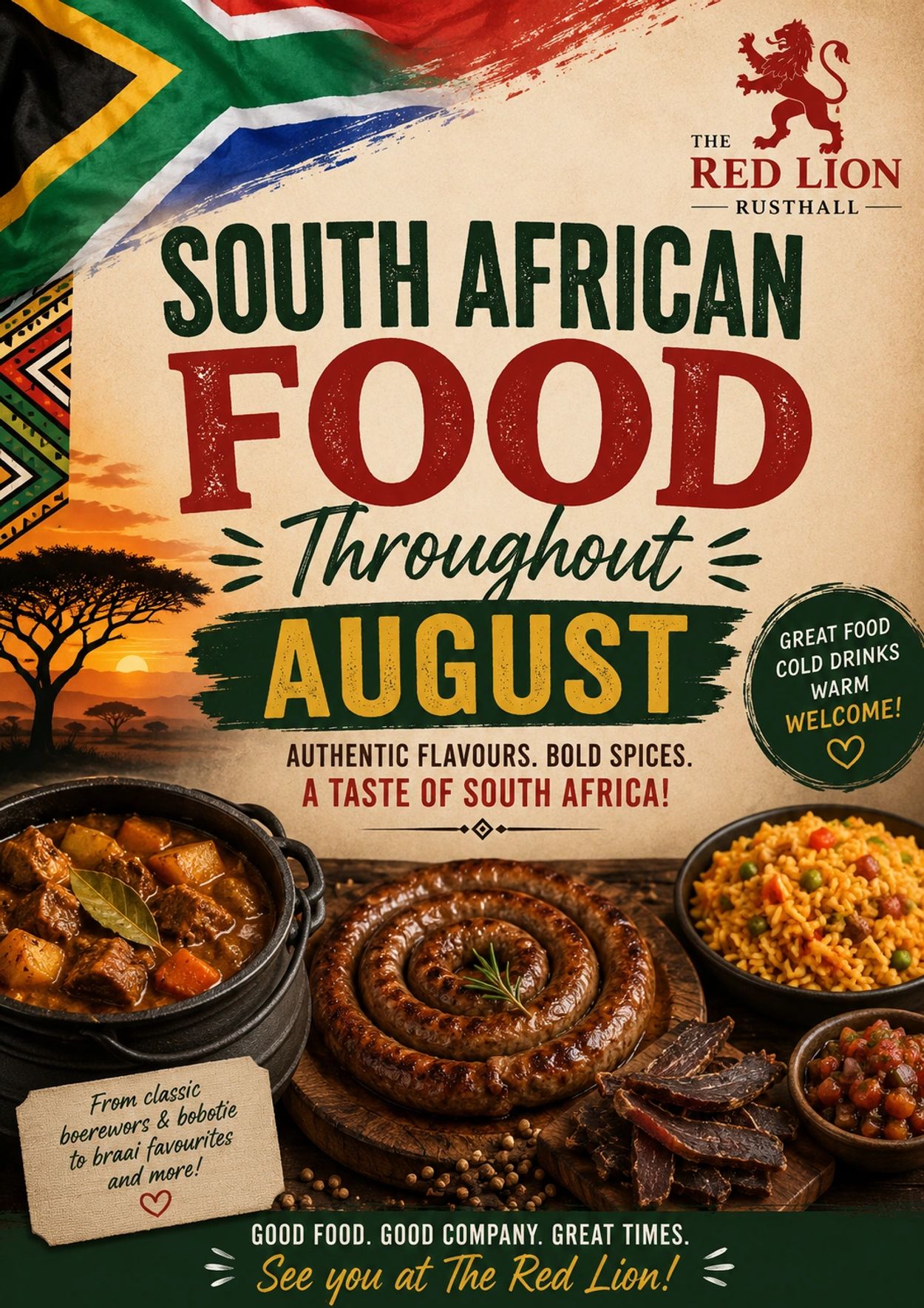 South African food event in August at The Red Lion Rusthall.