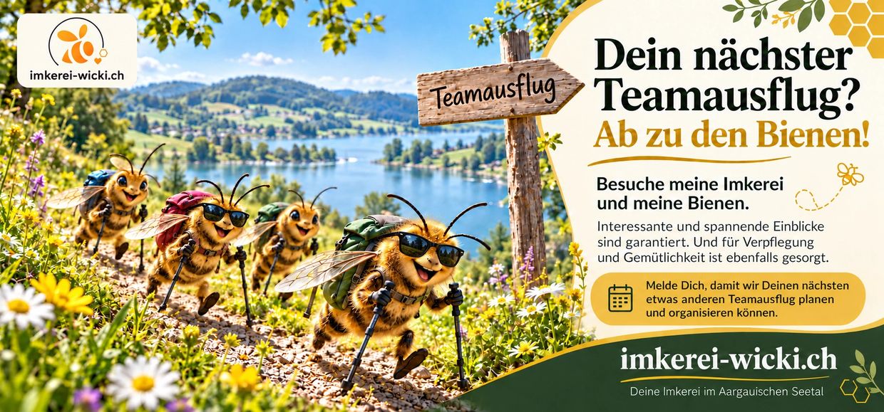 Bienen auf Wanderausflug mit Werbung für Imkerei-Wicki.ch.