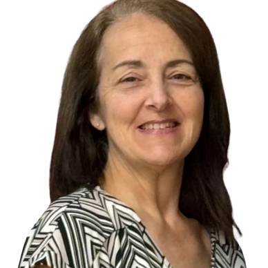 Smiling woman with dark hair and patterned top.